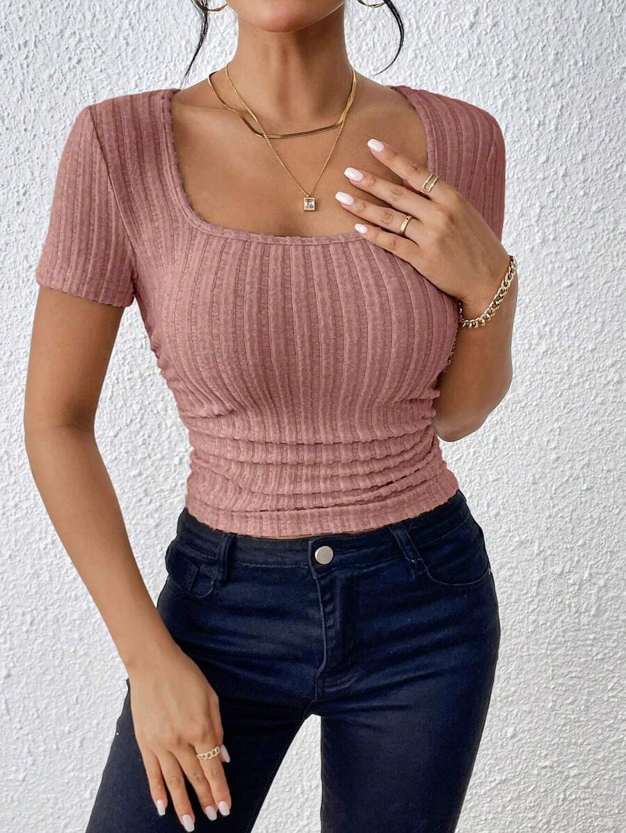SHEIN Frenchy Square Neck Ruched Side Tee Pink Summer Casual - Dusty Pink - View 1