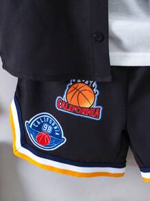 SHEIN 男小童字母圖案條紋飾邊棒球領襯衫&短褲不帶T恤 - 黑色 - 查看 3