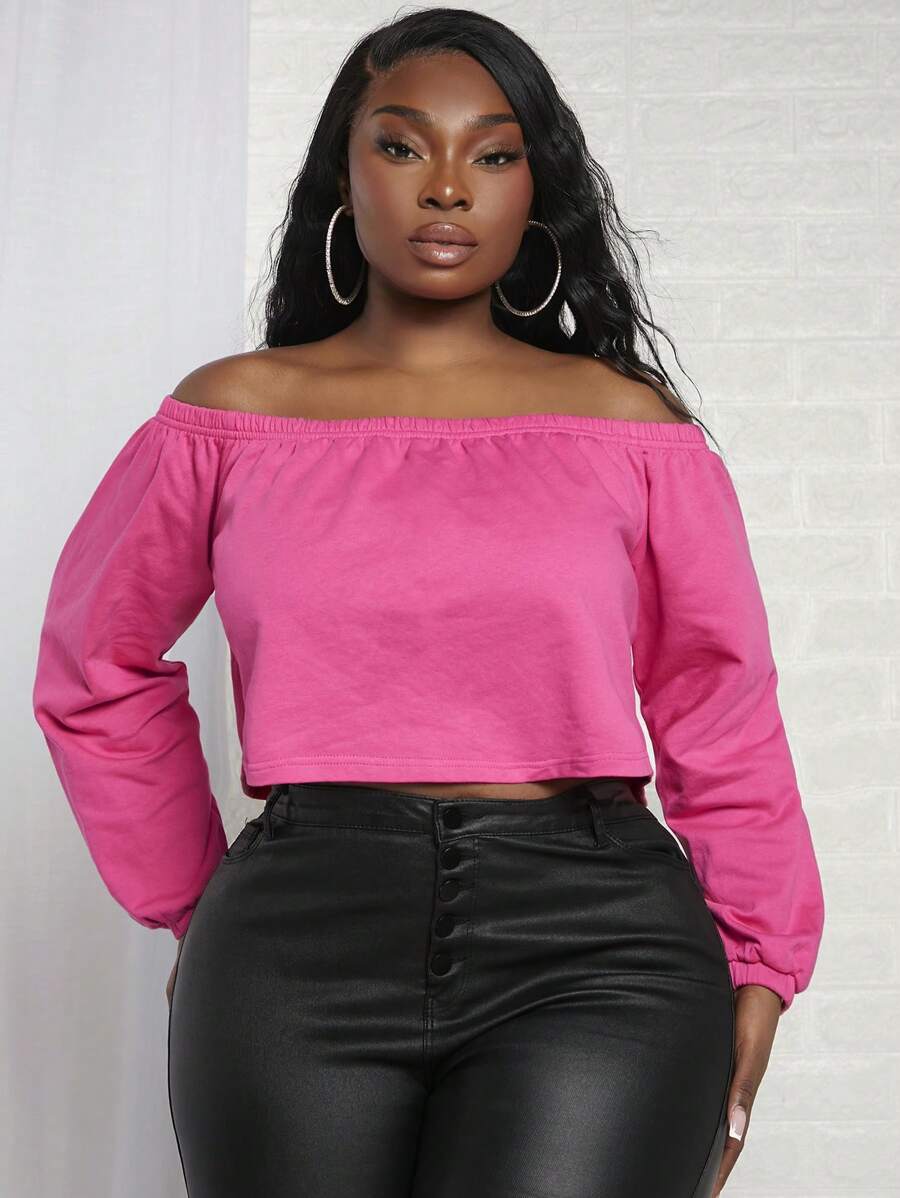 Slaydiva 大碼一字肩素色短款運動衫 - 玫紅色 - 查看 1