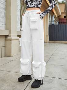 In My Nature Flap Pocket Drawstring Waist Cargo Outdoor Pants - White - View 7
