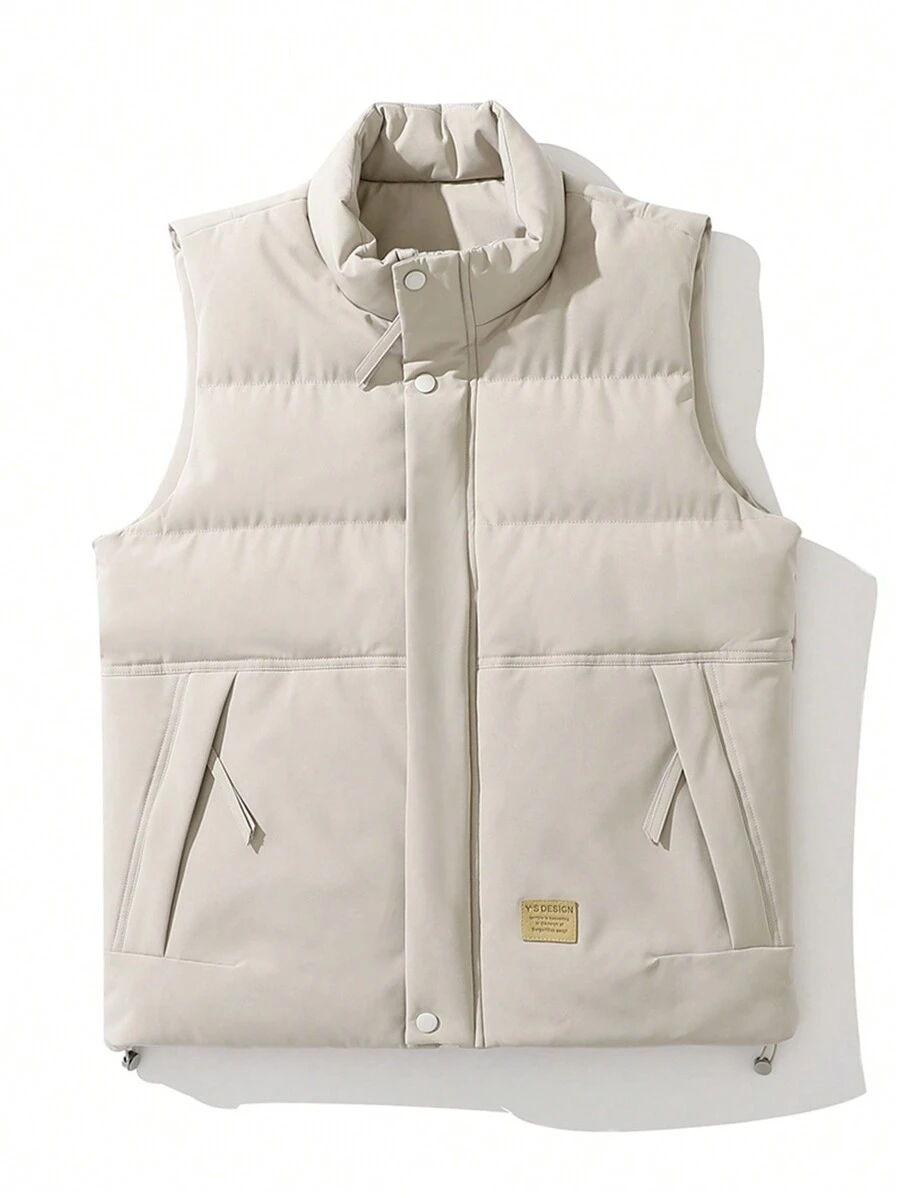 Men Letter Patched Detail Drawstring Hem Vest Padded Coat, Warming - Khaki - View 1