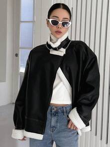 DAZY Teddy Lined Drop Shoulder PU Leather Jacket - Black - View 6