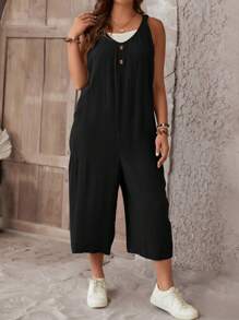 SHEIN LUNE Plus Button Front Dual Pocket Cami Jumpsuit Without Tube Top