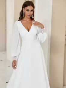 SHEIN Belle Mesh Insert Lantern Sleeve Floor Length Wedding Dress White Elegant Long Sleeve Bridal Dress - White - View 6