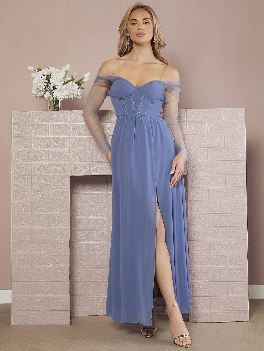 SHEIN Belle Off Shoulder Split Thigh Dress - Blue - View 1