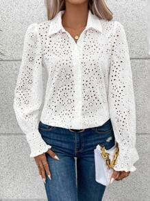 Calvaya Eyelet Embroidery Flare Sleeve Shirt Fall Cloth For Women - White - View 3