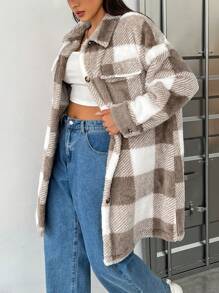 SHEIN EZwear Plus Buffalo Plaid Print Drop Shoulder Flap Pocket Coat - Khaki - View 1