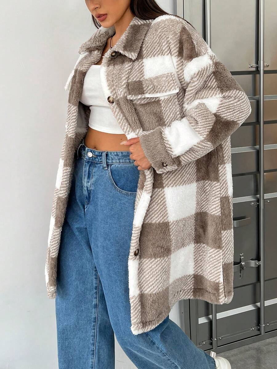 SHEIN EZwear Plus Buffalo Plaid Print Drop Shoulder Flap Pocket Coat - Khaki - View 1