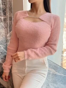 DAZY Cut Out Front Fluffy Knit Sweater,Long Sleeve Tops,Fall Women Clothes - Pink - View 4