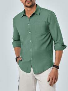 RueChic Men Solid Button Up Pocket Patched Shirt - Green - View 1