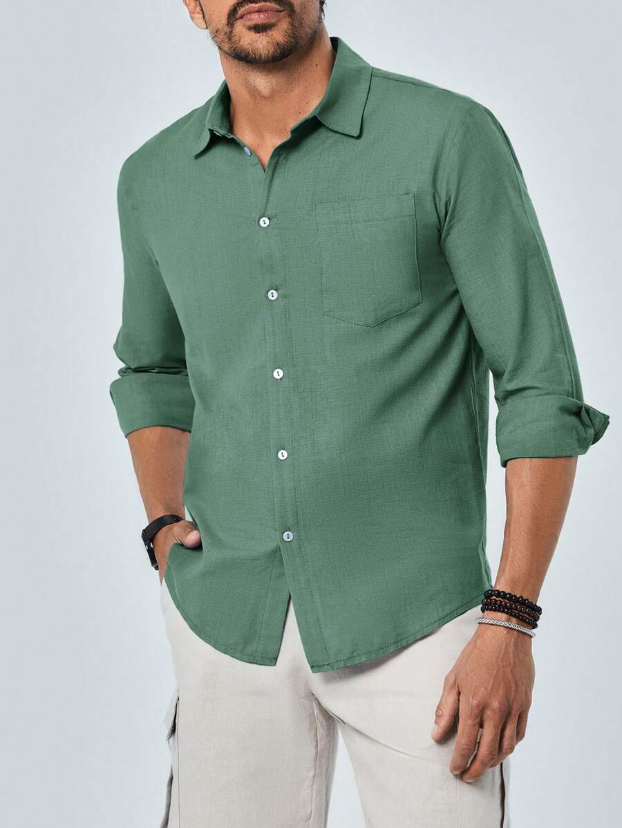 RueChic Men Solid Button Up Pocket Patched Shirt - Green - View 1