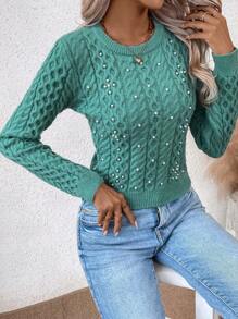 SHEIN Clasi Chất rắn Ngọc trai đính cườm Xoắn Dan Áo len - màu xanh lá - Xem 4