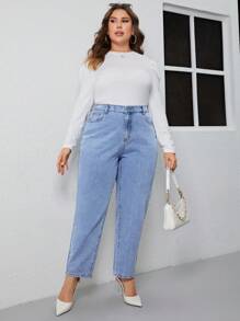 SHEIN Frenchy 大碼高腰媽媽牛仔褲 - 淺色水洗藍 - 查看 3