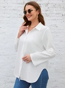 SHEIN LUNE Hơn Tay áo cuộn Nút phía trước Áo sơ mi - trắng - Xem 4