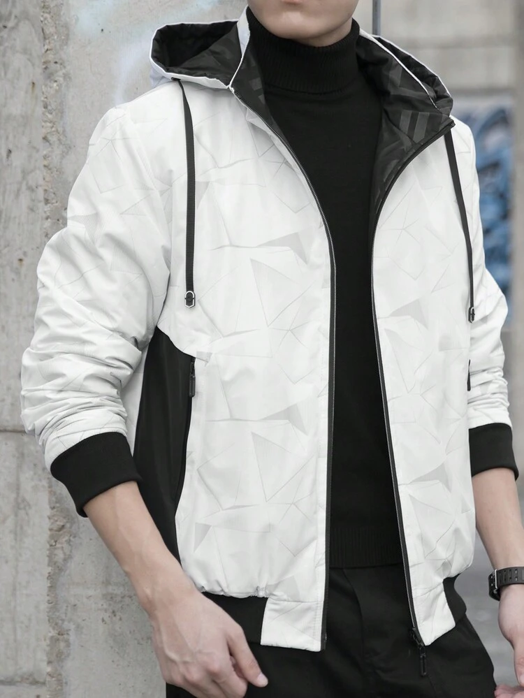 Men Geo Print Zip Up Drawstring Hooded Padded Coat