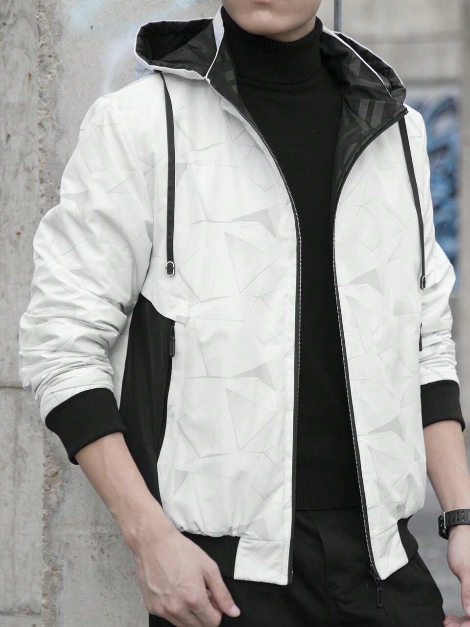 Men Geo Print Zip Up Drawstring Hooded Padded Coat