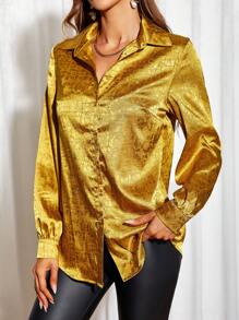 SHEIN Privé Dệt hoa Xa ten Áo sơ mi - Màu vàng - Xem 3