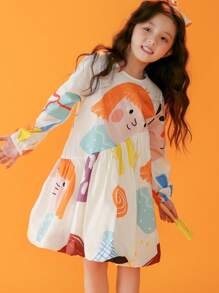 Chica Joven Vestido con estampado de dibujos animados bajo con fruncido - Multicolor - Ver 4