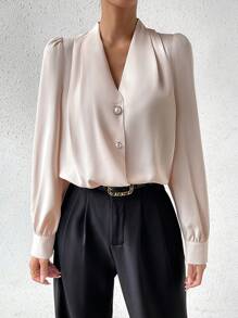 EMERY ROSE Solid Button Front Blouse - Apricot - View 6