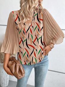 SHEIN Clasi Graphic Print Pleated Trumpet Sleeve Blouse - Apricot - View 4