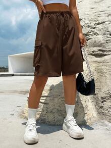 SHEIN Unity Flap Pocket Side Drawstring Waist Cargo Shorts - Chocolate Brown - View 5