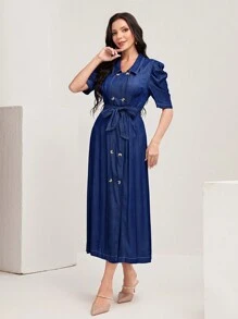 Mulvari Puff Sleeve Double Breasted Belted Dress - Navy Blue - View 4