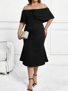 Celure Plus Solid Off Shoulder Dress - Black - View 6