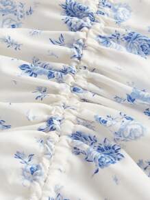 SHEIN MOD Plus Floral Print Drawstring Split Thigh Cami Dress - Blue and White - View 3
