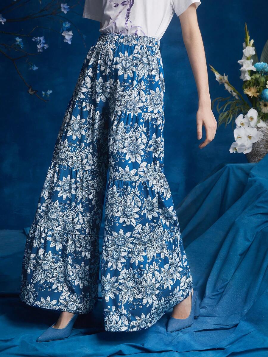 FURNANDA Frida Kahlo X SHEIN X Designer In hoa Quần ống rộng - Xanh và trắng - Xem 1