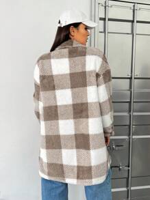 SHEIN EZwear Plus Buffalo Plaid Print Drop Shoulder Flap Pocket Coat - Khaki - View 2