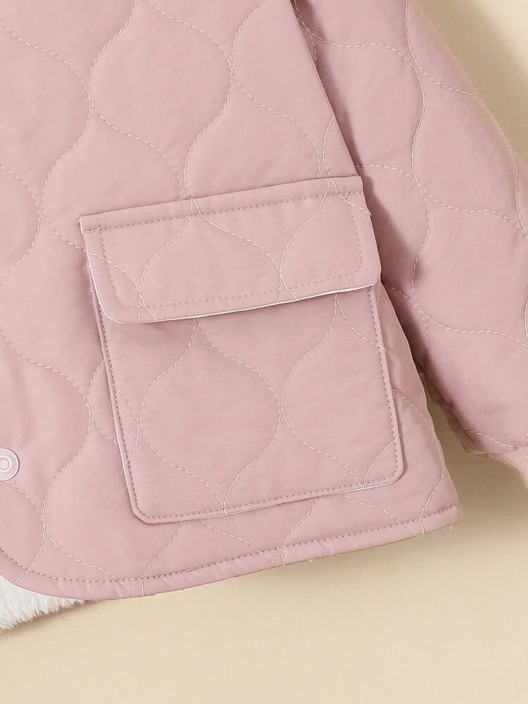 Baby Girl Flap Pocket Teddy Lined Button Front Quilted Coat