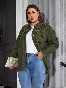 SHEIN Privé Hơn Chi tiết đáng kinh ngạc Cắt Thô Thả vai Áo khoác denim - xanh quân đội - Xem 4