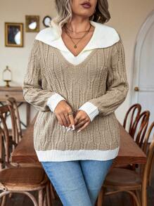 Calvaya Plus Contrast Trim Contrast Collar Sweater Knit Pullover Fall Winter Autumn Sweater - Khaki - View 4