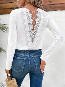 SHEIN Frenchy Contrast Guipure Lace Tee Winter White - White - View 1