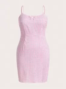 SHEIN EZwear 大碼格子圖案前蝴蝶結吊帶洋裝 - 粉色 - 查看 1
