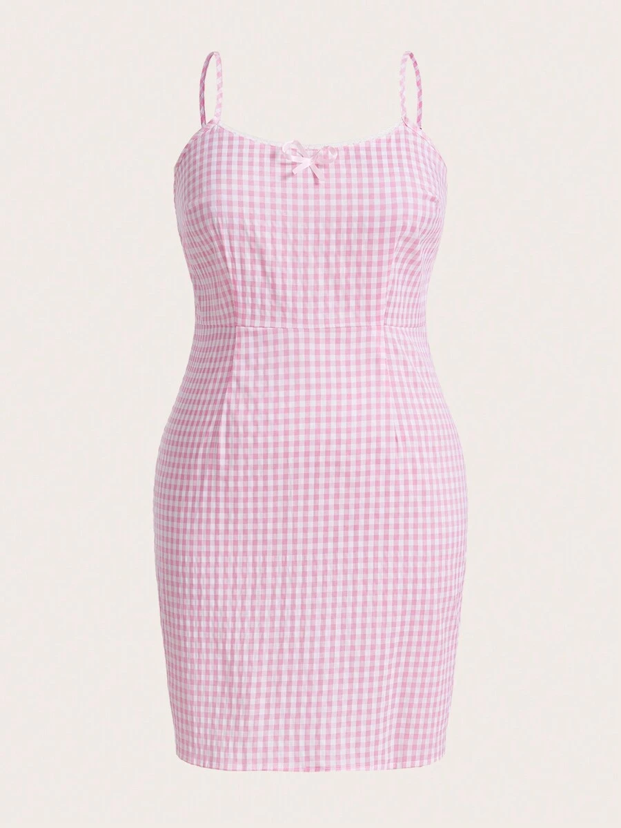 SHEIN EZwear 大碼格子圖案前蝴蝶結吊帶洋裝 - 粉色 - 查看 1