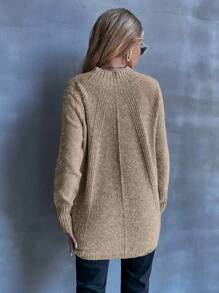 SHEIN LUNE 插肩袖开衩下摆针织套头衫秋冬毛衣 - 卡其色 - 查看 2