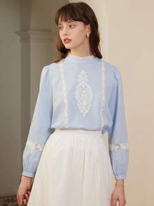 Simple Retro Guipure Lace Insert Mock Neck Lantern Sleeve Blouse - Baby Blue - View 4