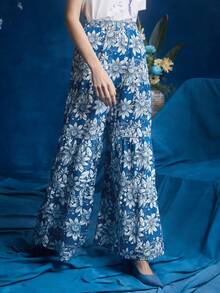 FURNANDA Frida Kahlo X SHEIN X Designer In hoa Quần ống rộng - Xanh và trắng - Xem 5