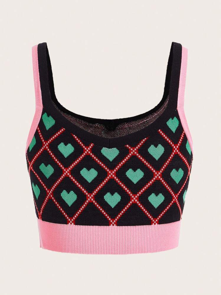 SHEIN Qutie הדפס לב ומשובץ טופ סרוג קצר - ריבוי צבעים - ראה 2