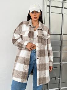SHEIN EZwear Plus Buffalo Plaid Print Drop Shoulder Flap Pocket Coat - Khaki - View 5