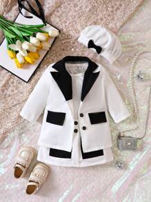 Baby Girl Contrast Lapel Neck Coat & Skirt & Solid Tee & Hat - Black and White - View 3