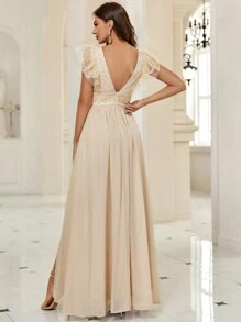 SHEIN Belle Đầm dự tiệc xẻ đùi đính sequin tương phản, đầm dự tiệc trang trọng cho nữ, váy dự tiệc cưới thanh lịch, dự tiệc tốt nghiệp, tiệc tối - Màu be - Xem 3