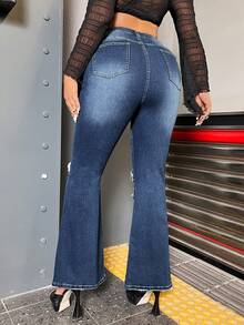 SHEIN EZwear Plus Ripped Flare Leg Jeans - Dark Wash - View 2