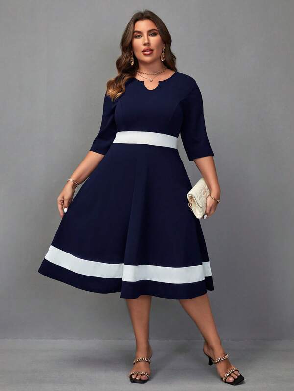 Chikora Plus Contrast Panel Notched Neckline Dress