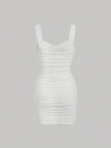 SHEIN MOD Solid Ruched Bustier Bodycon Dress - White - View 2