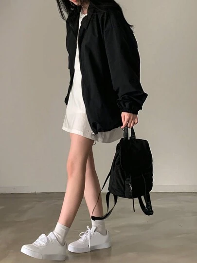DAZY 纯色落肩大衣，女士春秋休闲拉链落肩领宽松黑色纯色女式大衣，休闲日常穿着女式夹克