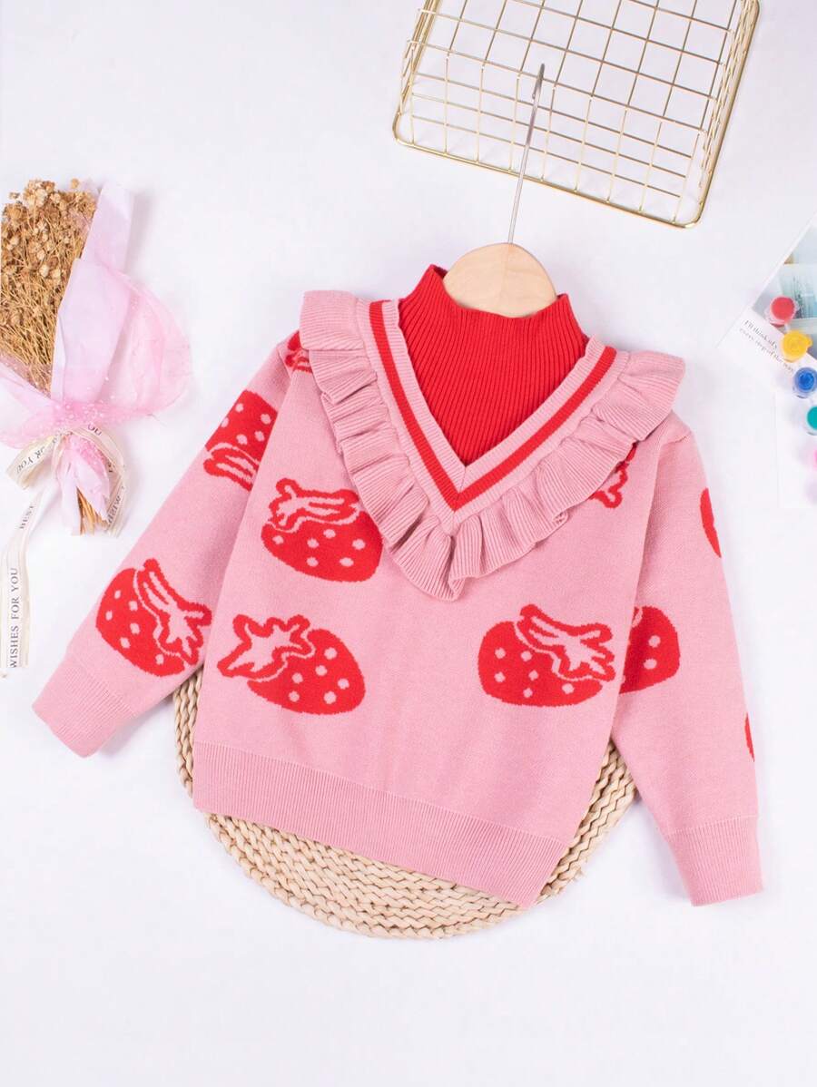 SHEIN 女小童草莓圖案荷葉邊小高領套頭毛衣 - 粉色 - 查看 1