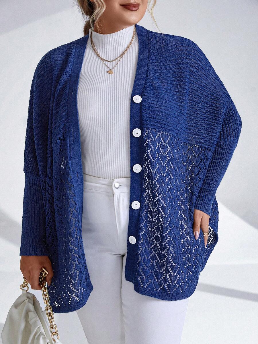 Calvaya Hơn tay cánh Dệt kim chấm bi Áo len Mở - Xanh đậm - Xem 1
