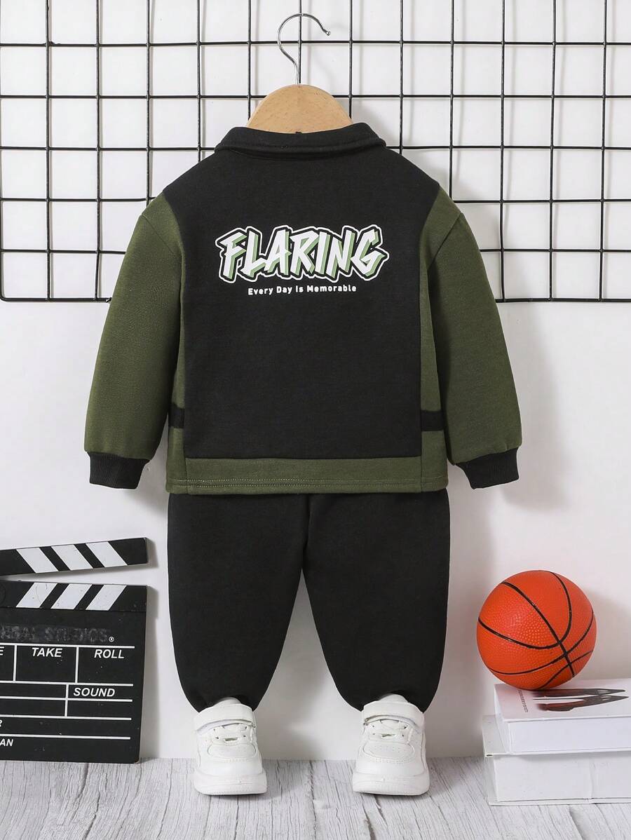 SHEIN Baby Boy Slogan Graphic Colorblock Sweatshirt & Sweatpants - Multicolor - View 1